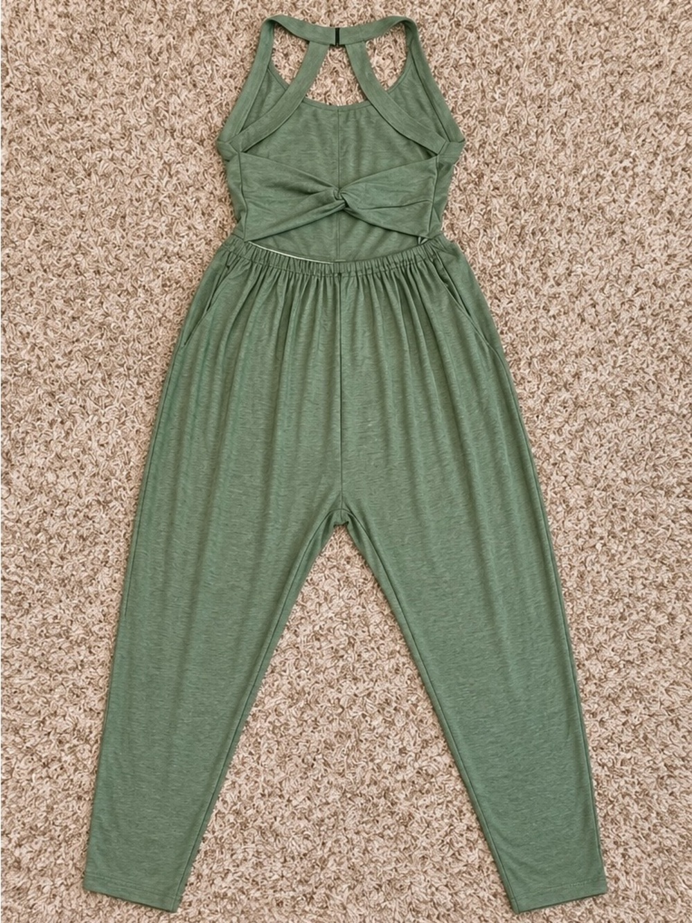NWT Halara Easy Peezy Harem Jumpsuit M Regular Sage Green Twist Back Pockets